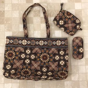 Vera Bradley 3 pc. Tote, makeup bag and glass case